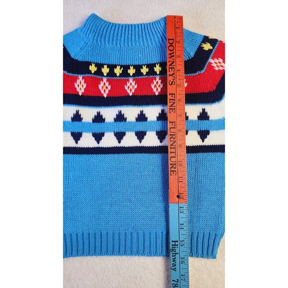 VTG 70S Kids Fair Isle Knit Sweater Blue White Crew neck Sz L 6/7 Little Alumnus - Picture 2 of 14